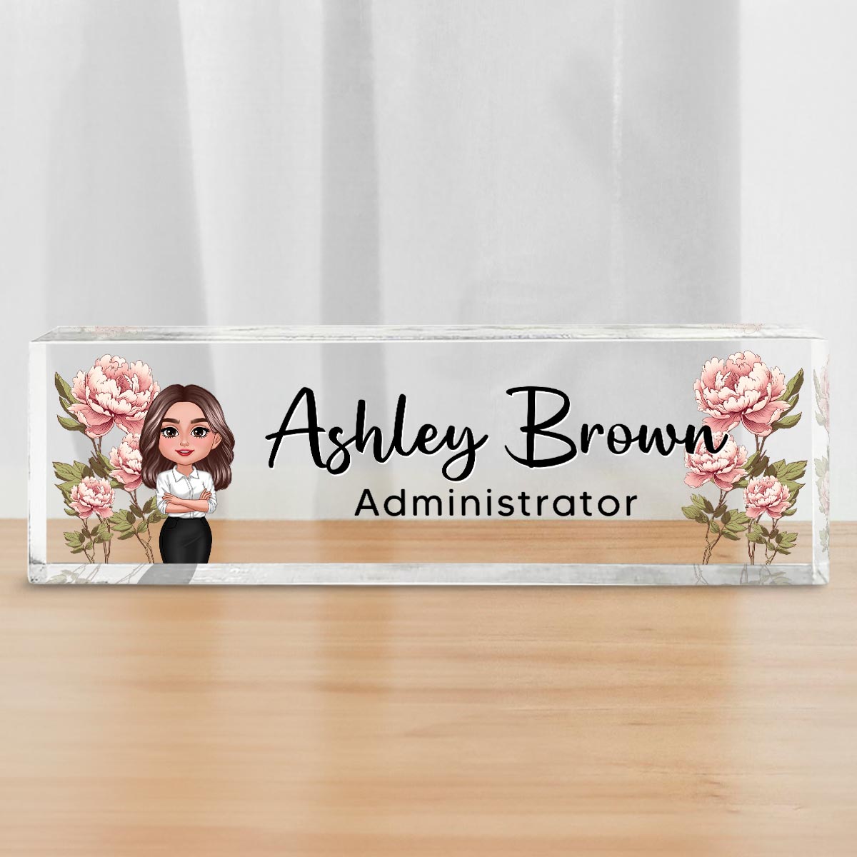 Birth Month Flowers Woman - Personalized Acrylic Desk Name Plate - Gift For Colleagues, Coworkers, Boss
