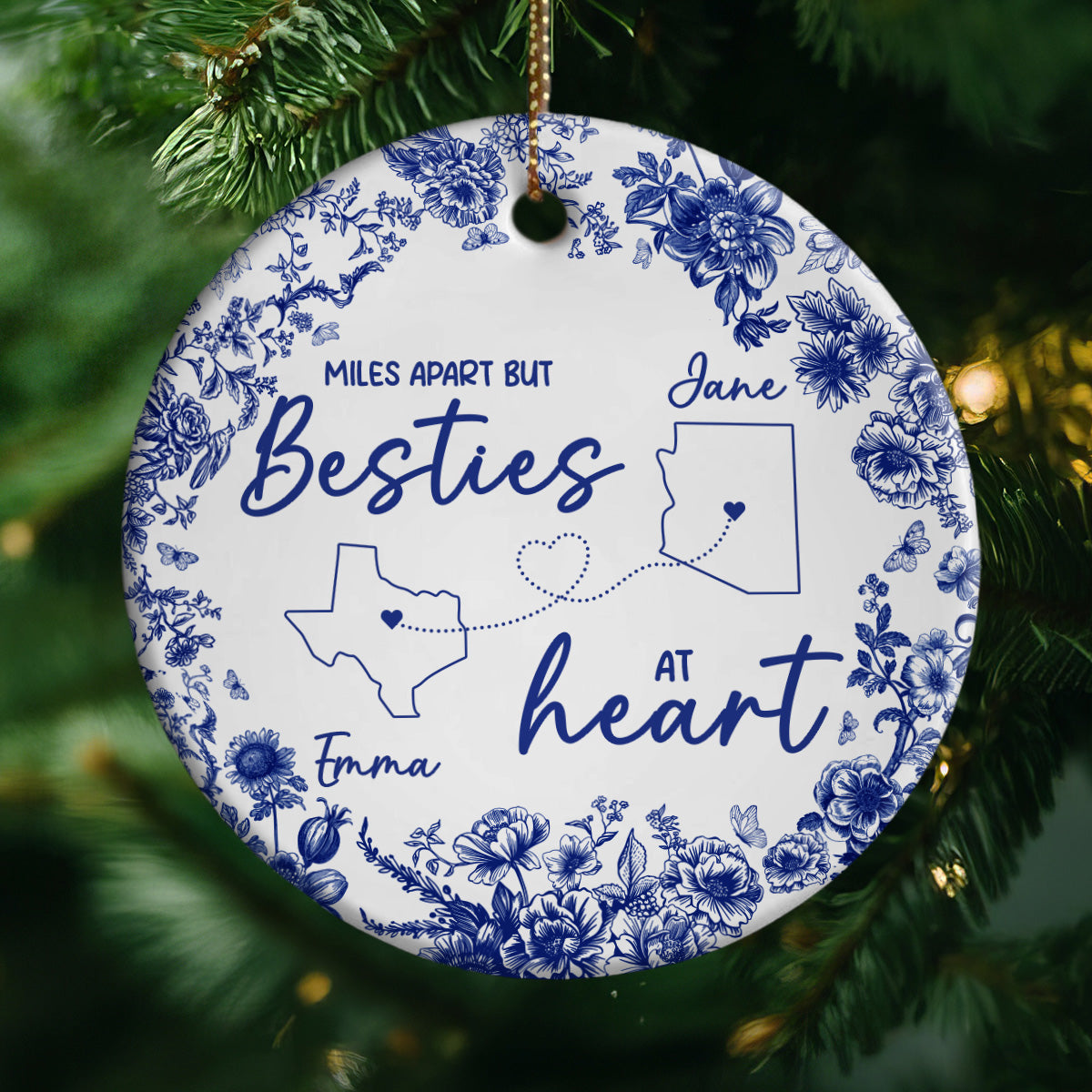 Chinoiserie Pattern Long Distance Besties Personalized Ceramic Ornament