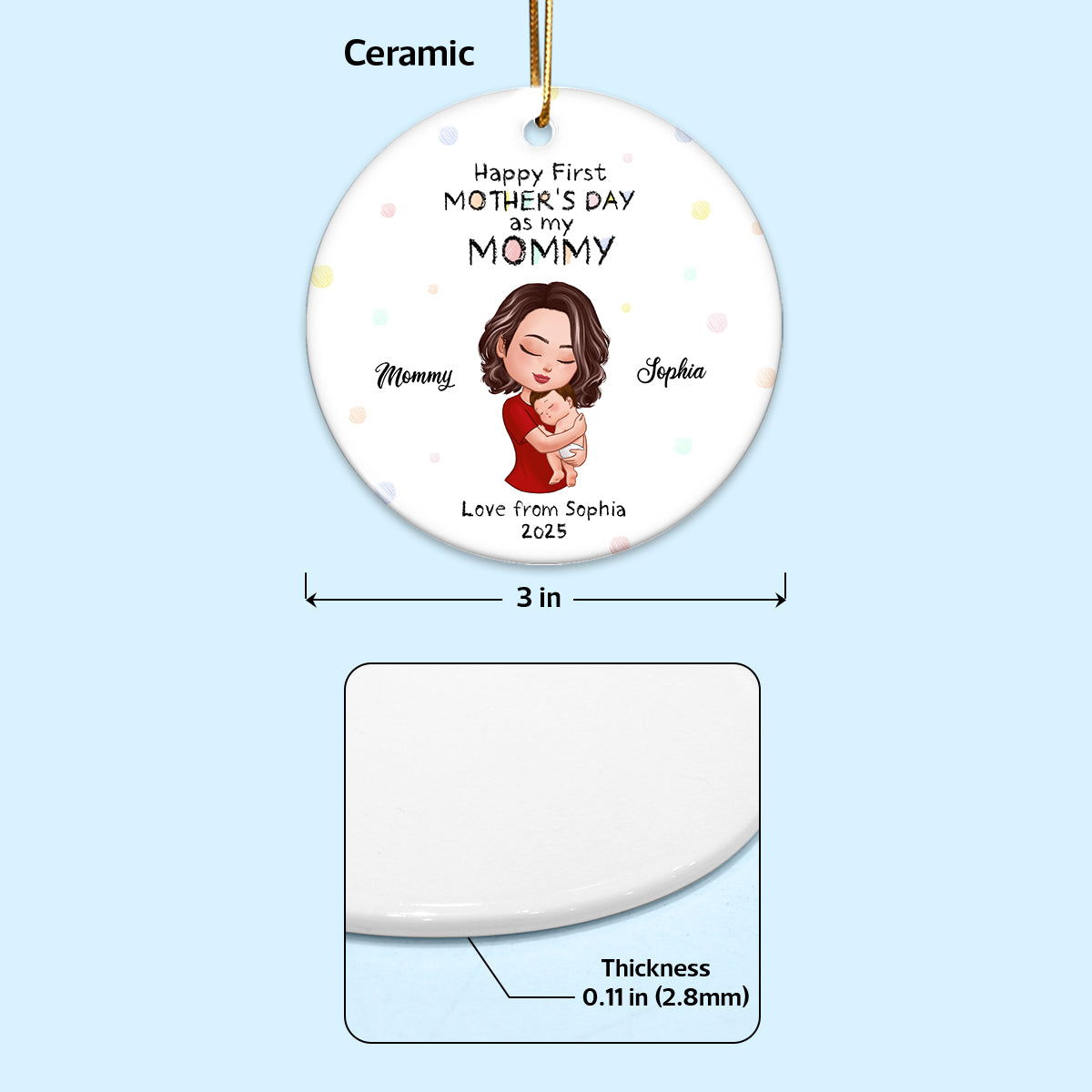 Happy First Mother's Day Mom Grandma Hugging Kid Crayon Patterned Personalized Circle Ceramic Ornament