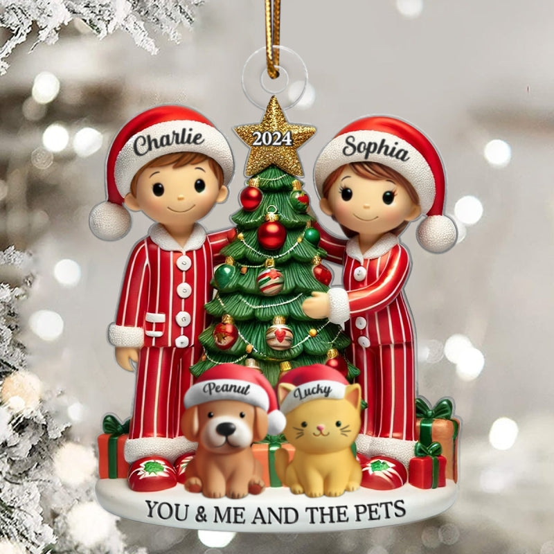 Couple Decorating The Christmas Tree With Dogs Cats Personalized Acrylic Ornament, Gift For Cat Lovers, Dog Lovers