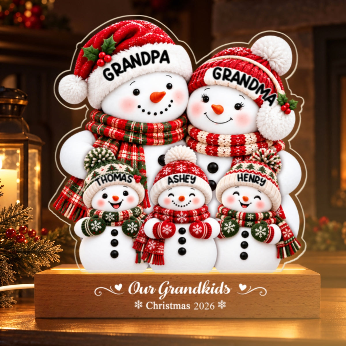 Cozy Warm Christmas Snowman Grandpa Grandma Grandkids - Personalized Acrylic Block LED Night Light - Christmas Decor For Grandparents