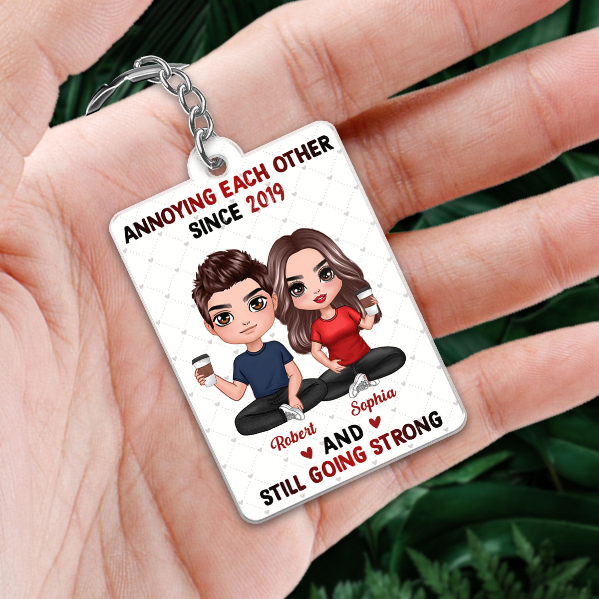 Hearts Pattern Doll Couple Sitting Favorite Song Scannable QR Code Personalized Acrylic Keychain