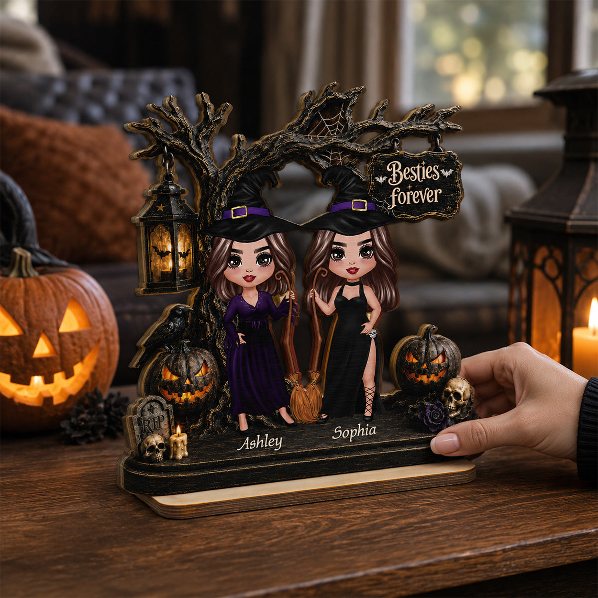 Witch Besties Spooky Halloween Tree 2D Flat - Personalized 2-Layer Wooden Plaque - Tabletop Tier Tray Wicca Pagan Decor