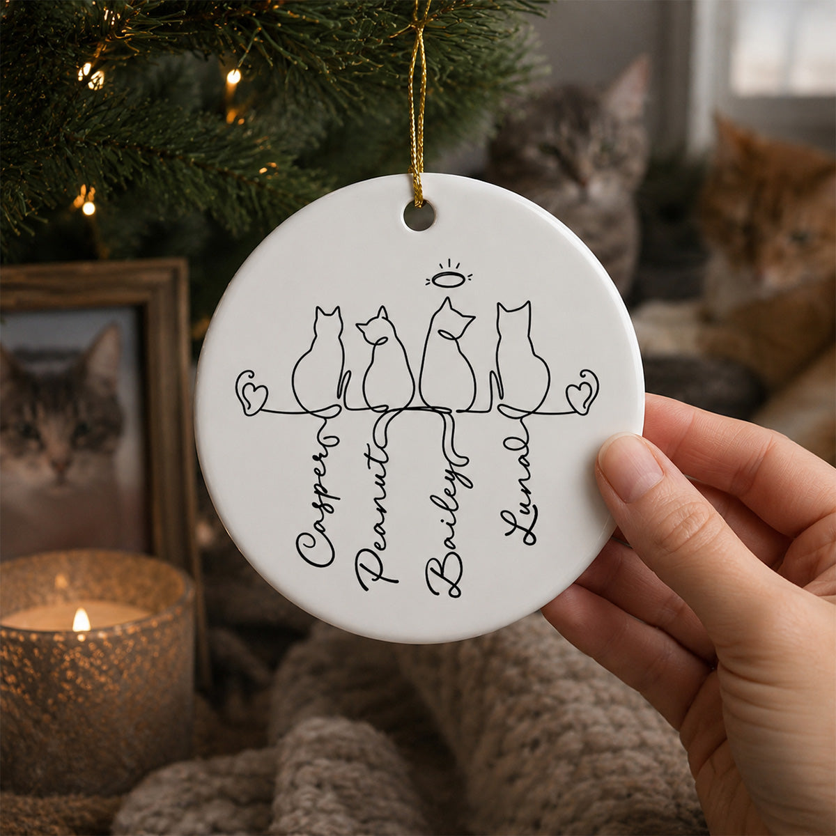 Cats Ornament - Personalized Ceramic Ornament - Cat Lover Gift, Pet Memorial Ornament, Cat Family Keepsake