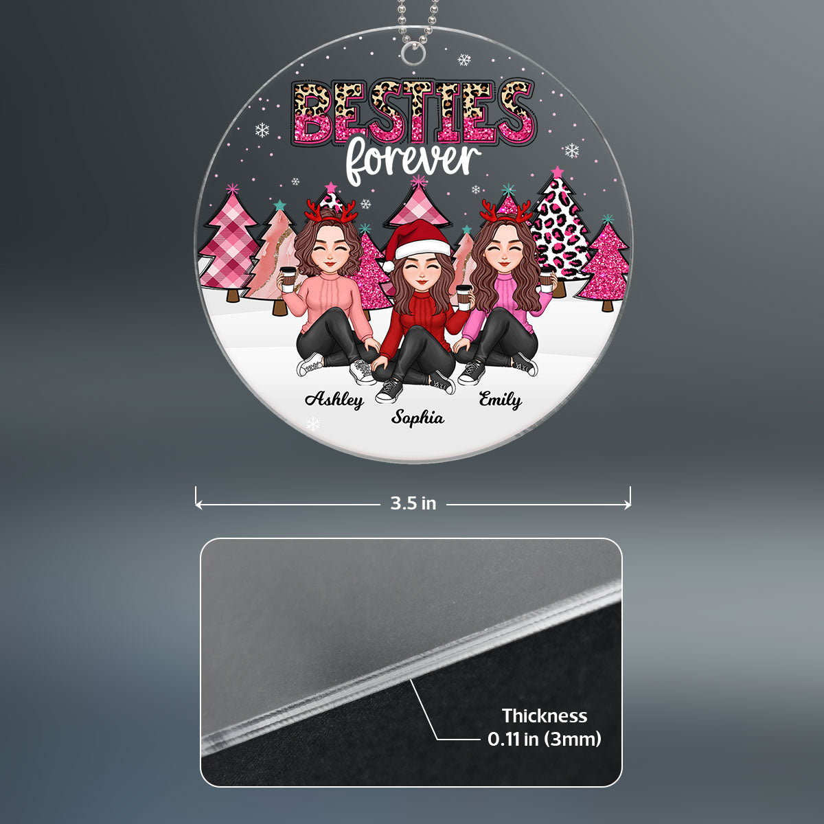 Besties Sisters Pink Leopard Buffalo Plaid Christmas Trees Personalized Acrylic Ornament