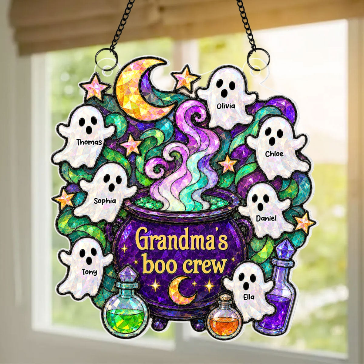 Mysterical Grandma's Boo Crew Cauldron - Personalized Window Hanging - Halloween Decoration For Grandma