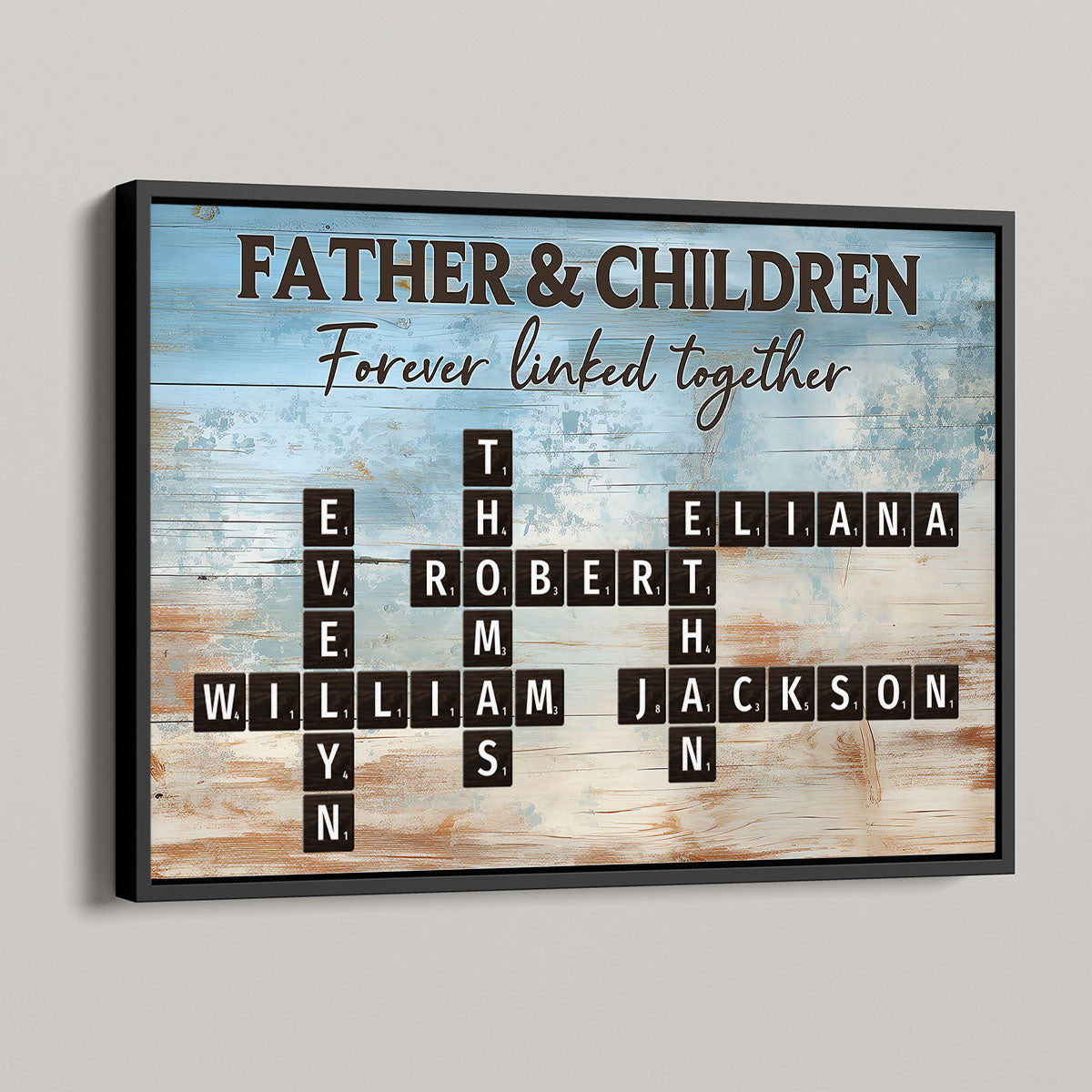 Father & Daughters Sons Forever Linked Together Crossword Puzzle Art Rustic Personalized Poster, Heartfelt Gift For Dad