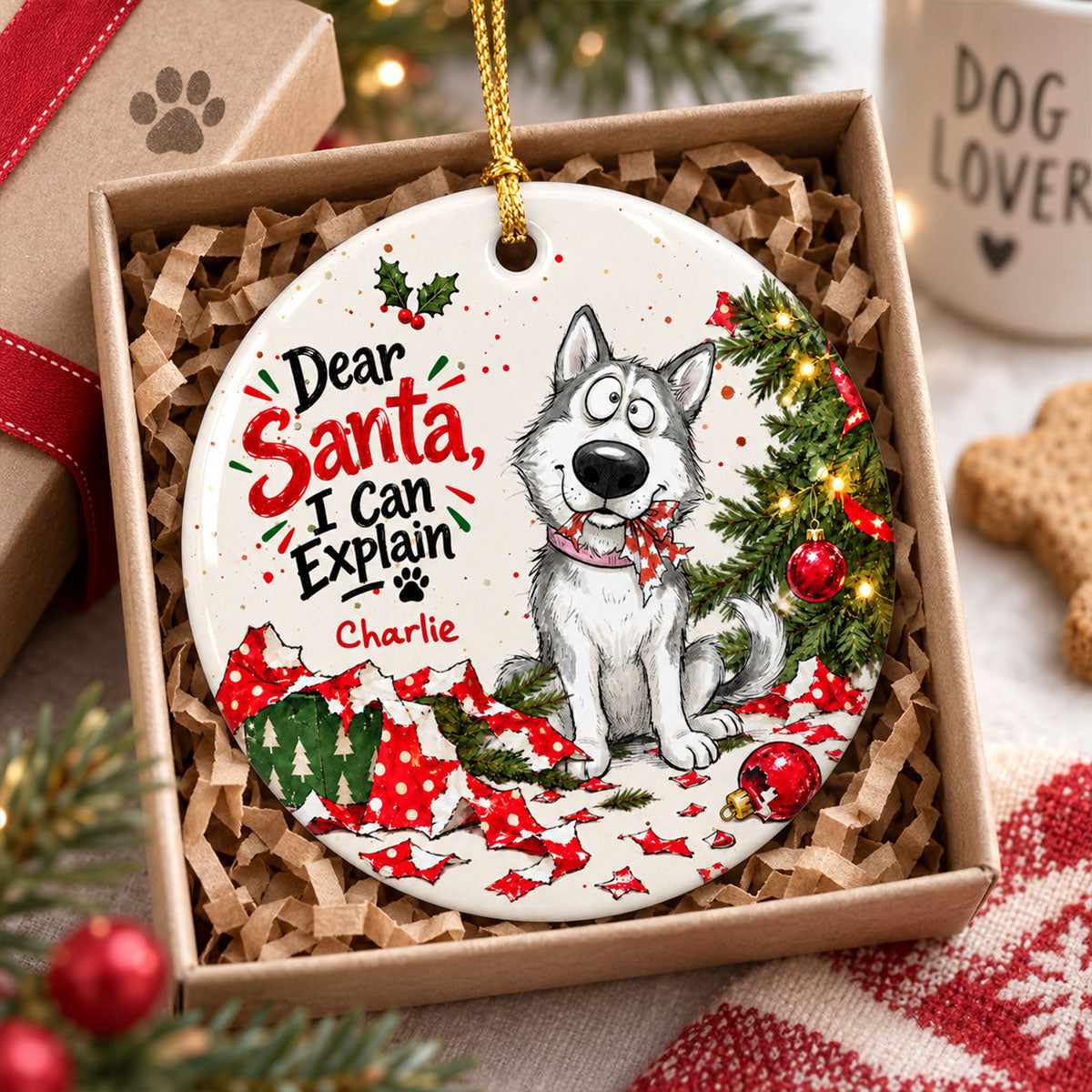 Dear Santa I Can Explain Funny Guilty Dog - Personalized Ceramic Ornament - Funny Christmas Tree Decor For Dog Lovers