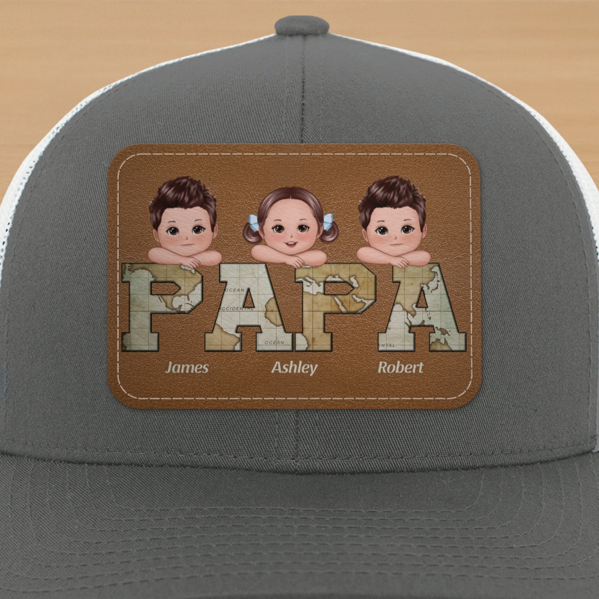 Grandpa Dad We Love You World Map Pattern Doll Kids On Hand Personalized Leather Patch Hat