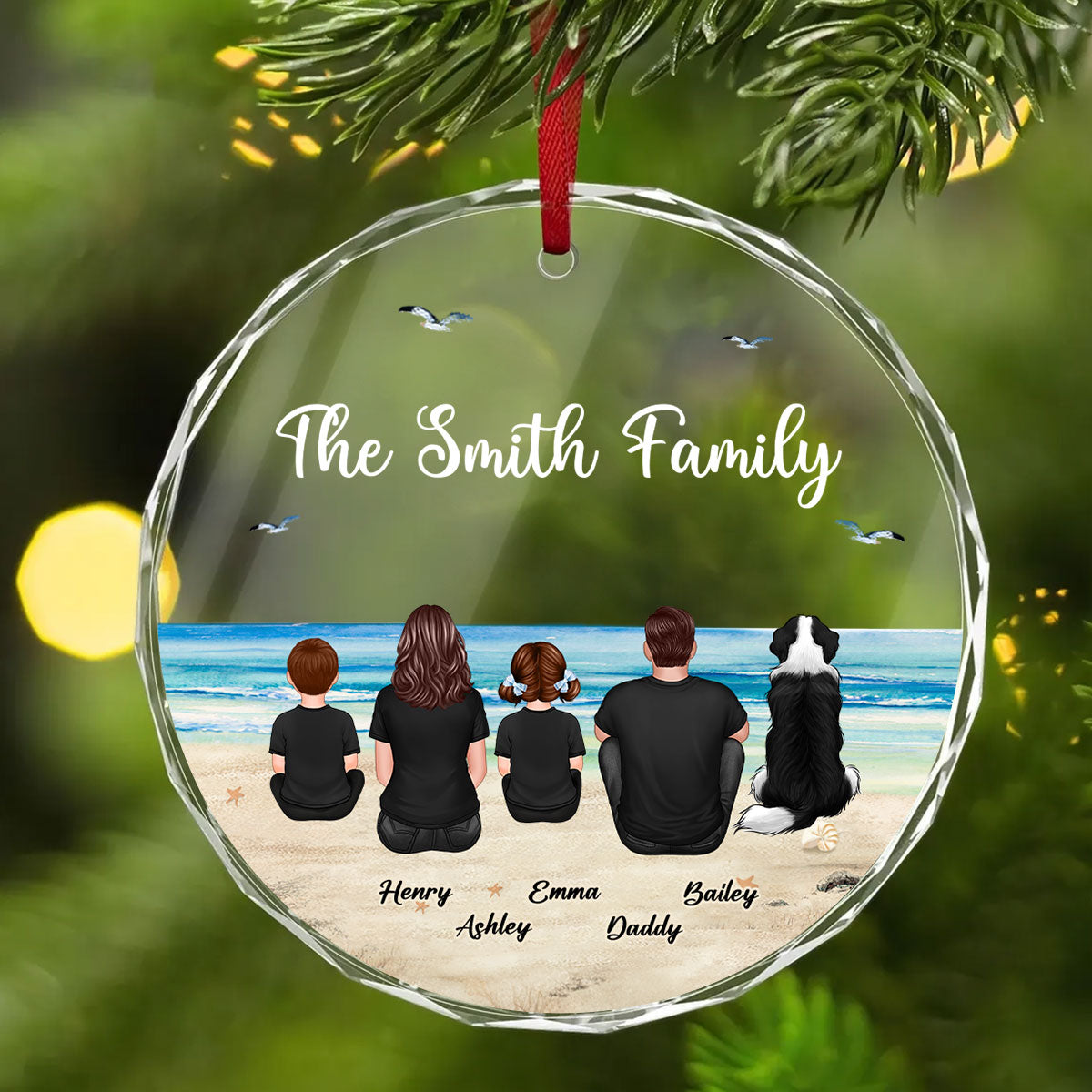 Family Sitting Back View Retro Vintage Beach Landscape Personalized Circle Glass Ornament