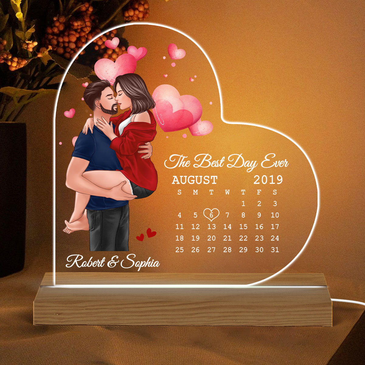 Man Holding Woman Kissing Calendar Anniversary Date Anniversary Personalized Heart Shaped Acrylic Plaque With LED Night Light