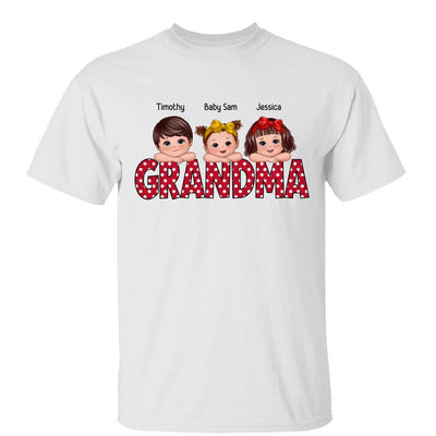 Polka Dot Grandma Cute Grandkids Laying Head On Arms Personalized Shirt