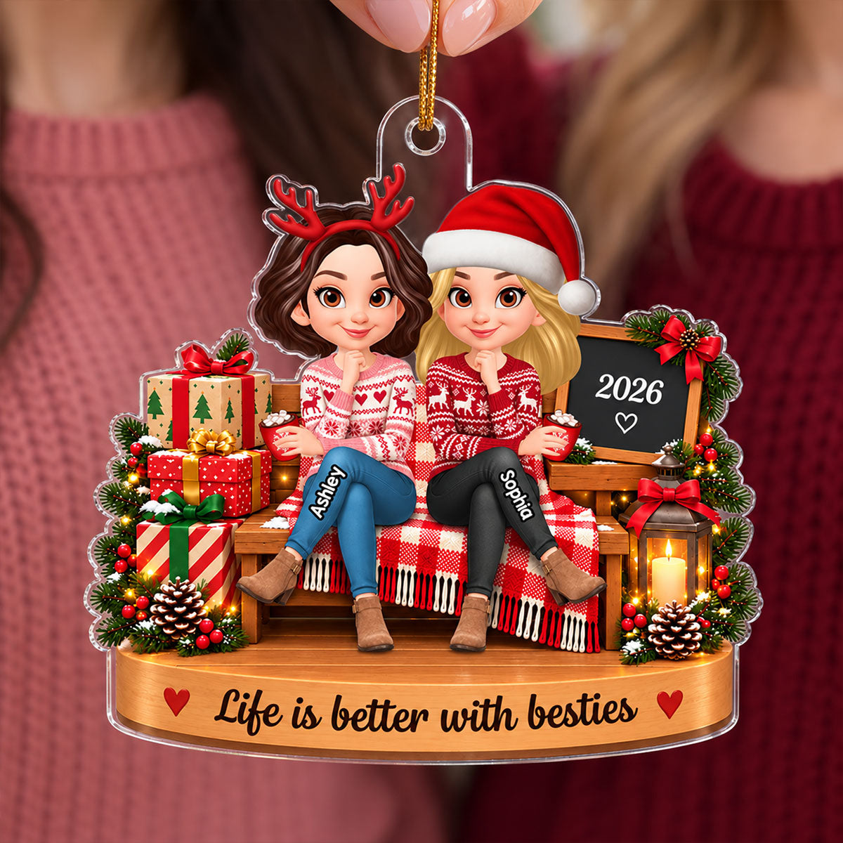 Christmas Besties Cozy Bench 2D Flat - Personalized Acrylic Ornament - Christmas Gift For Besties, Sisters