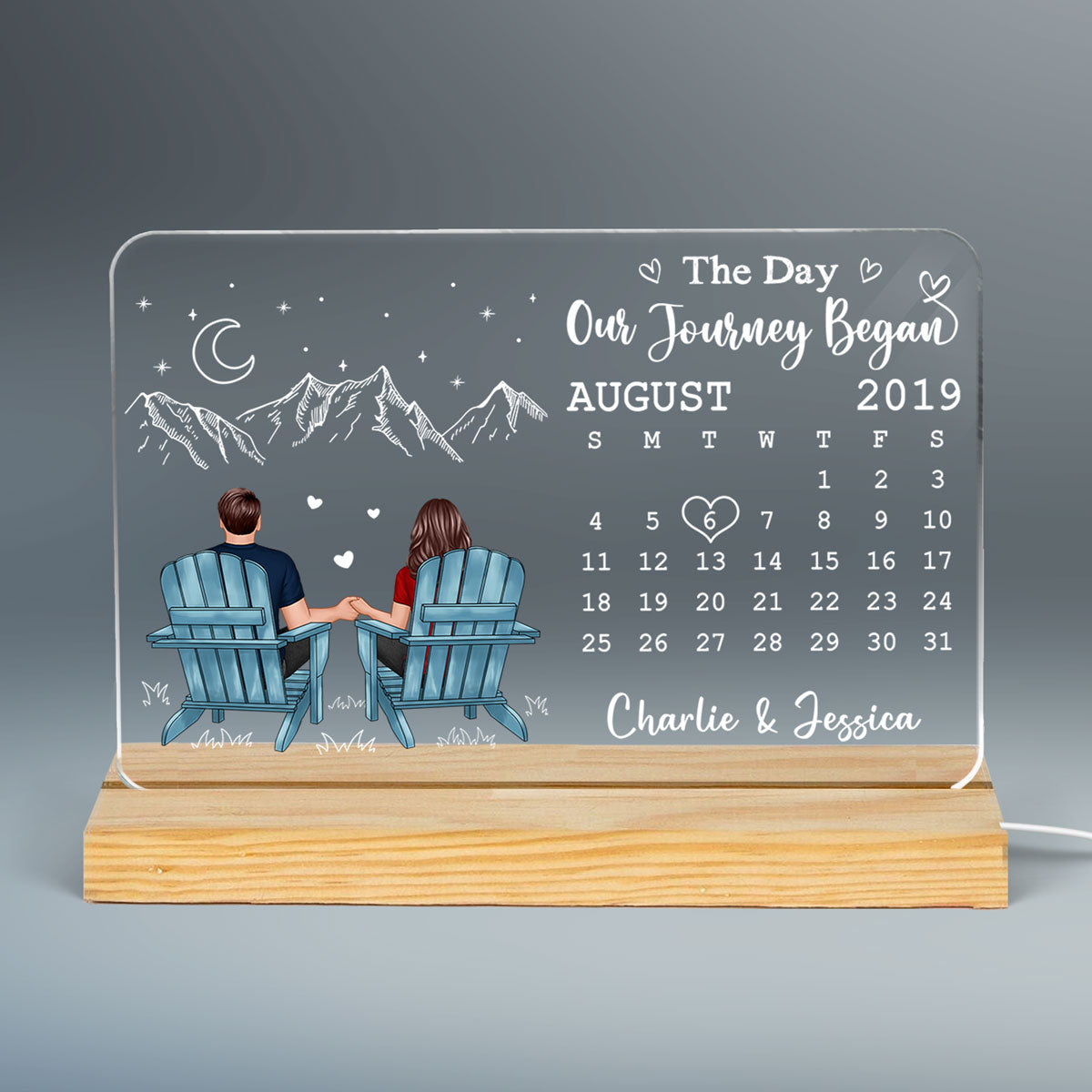 Couple Sitting Back View Anniversary Date Calendar Rectangle Personalized Custom Shape Acrylic Plaque With LED Night Light - Anniversary Gift For Couple - Gift For Him - Gift For Her