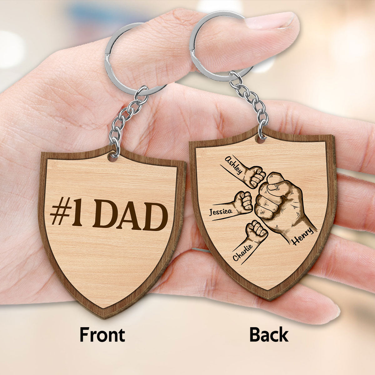Dad Grandpa Kids Fist Bump Personalized Wooden Keychain