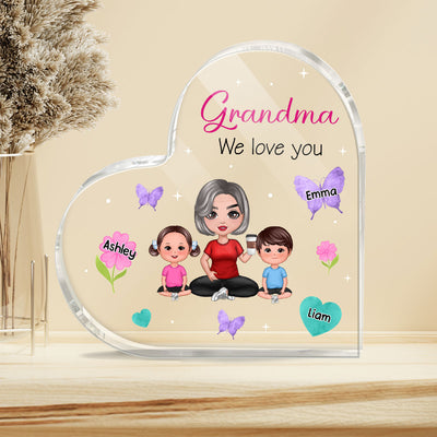 Flowers Butterflies Hearts Doll Grandma Grandkids Personalized Acrylic Heart Plaque