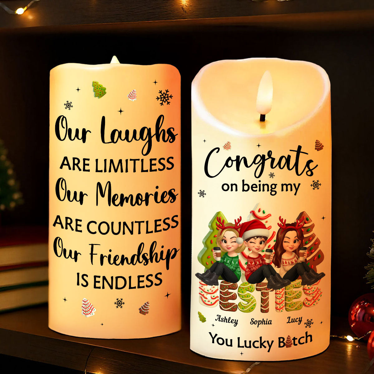 Congrats On Being My Besties Sisters Christmas Tree Cake Personalized LED Candle, Christmas gift for Besties Sisters