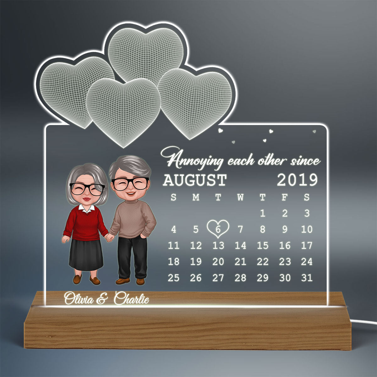 Old Doll Couple Under 3D Heart Anniversary Date Calendar Personalized Custom Shape Acrylic Plaque Warm LED Night Light