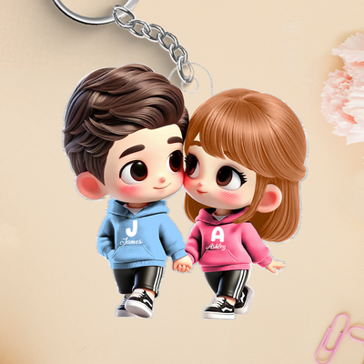 3D Effect Cute Cartoon Couple Holding Hands Personalized Acrylic Keychain, Anniversary &  Gift for him, Gift for her