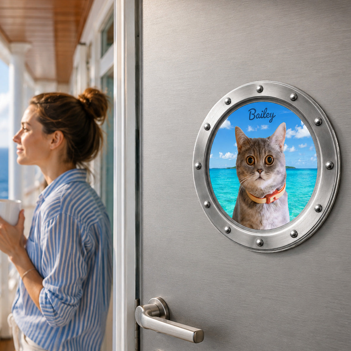 Custom Dog Cat Pet Photo Peeking Porthole - Personalized Cruise Door Magnet - Cruise Trip Keepsake For Pet Lovers