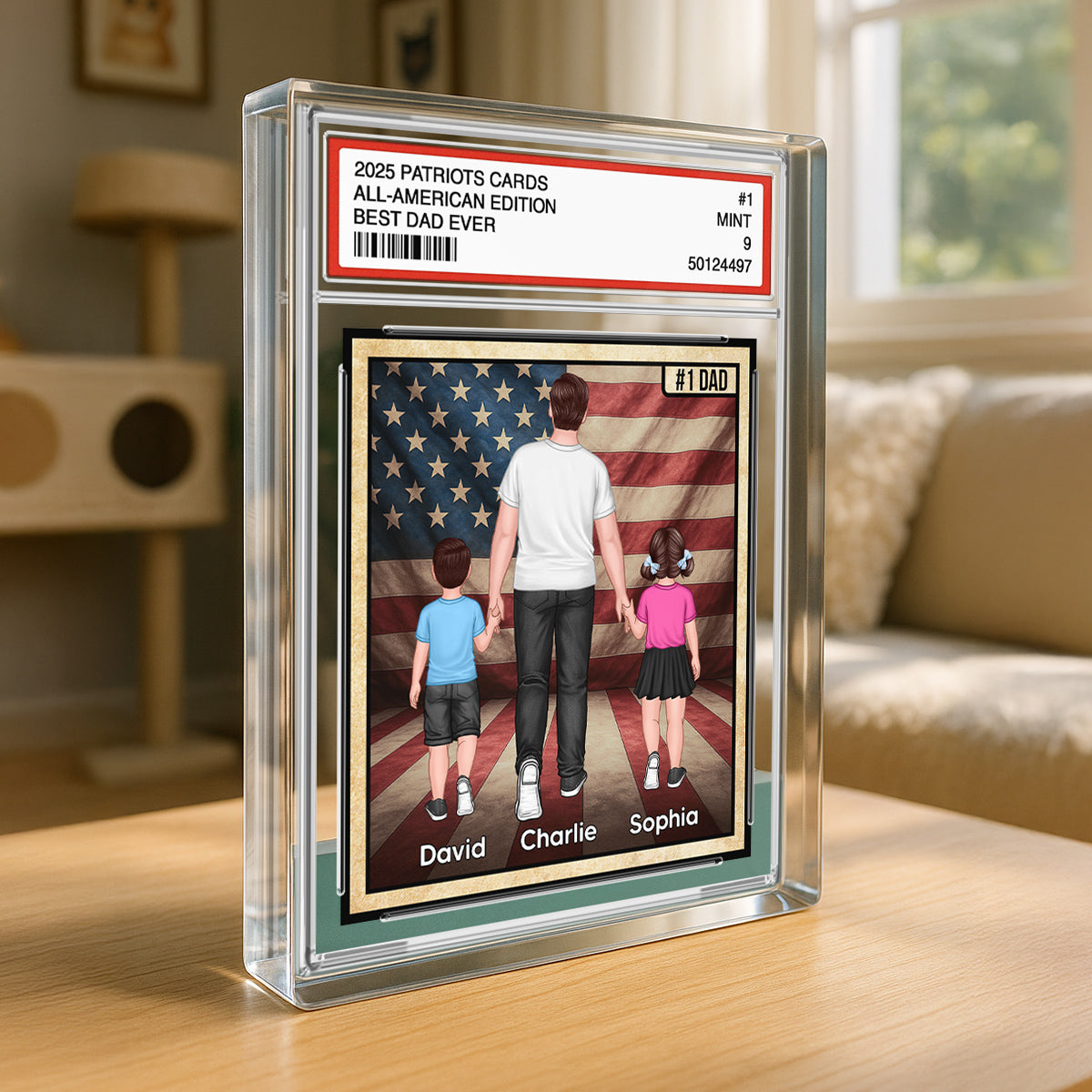 Nation Flag Dad & Kids Walking Patriotic Dad Trading Card Style Personalized Acrylic Block Plaque