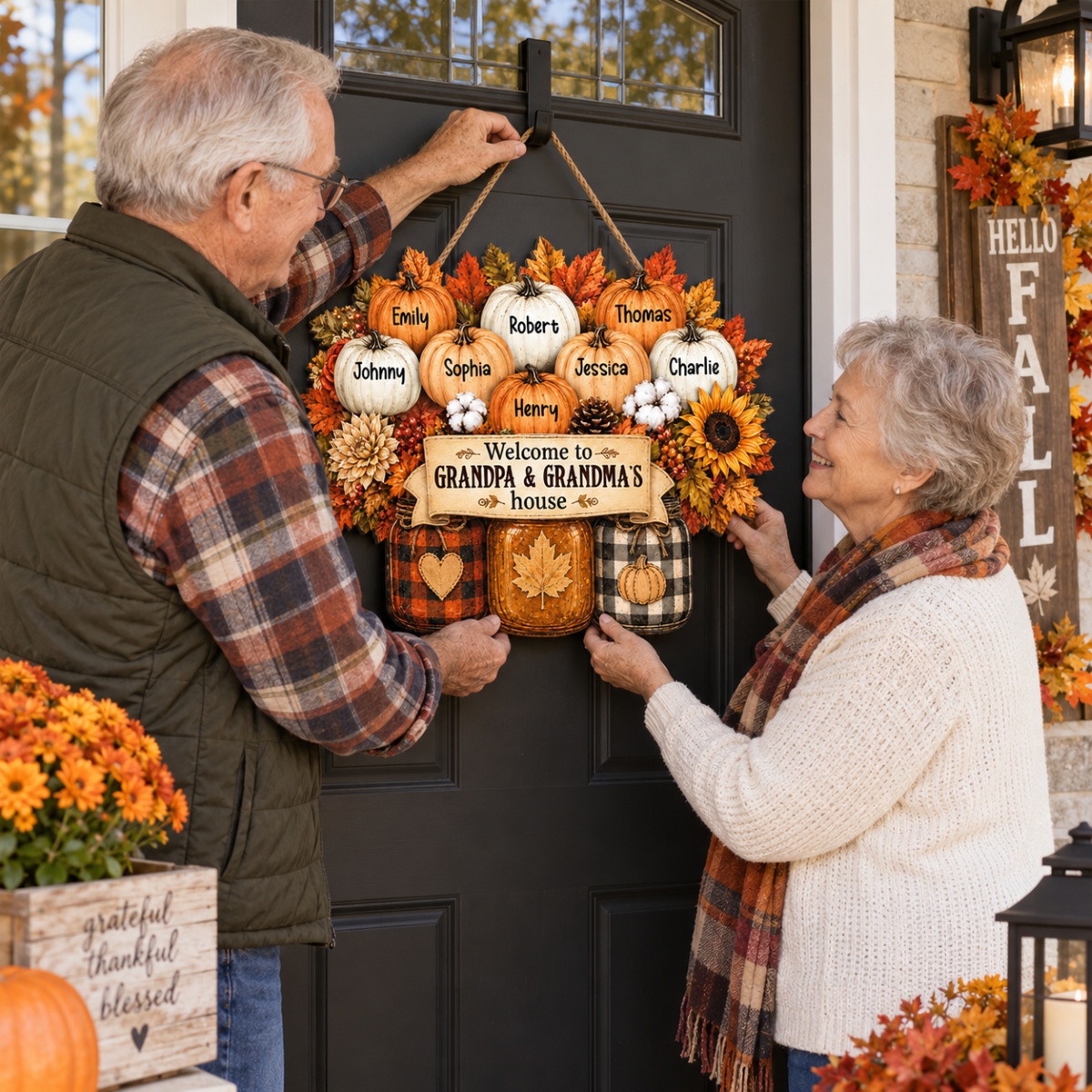 Cozy Warm Fall Season Mason Jars Pumpkins Welcome To Grandma Grandpa House - Personalized Wood Sign - Fall Decor For Grandparents (Up to 20 Grandkids)