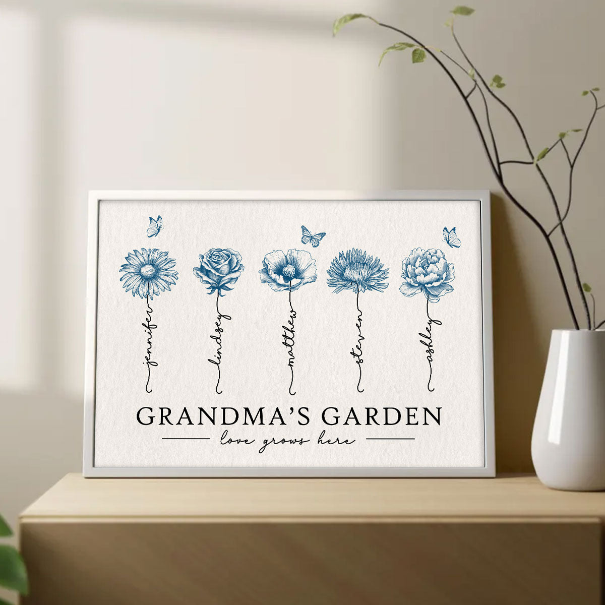 Grandma's Garden Love Grows Here Blue Vingtage Birthmonth Flowers Personalized Poster, Grandkids Names Floral Gift