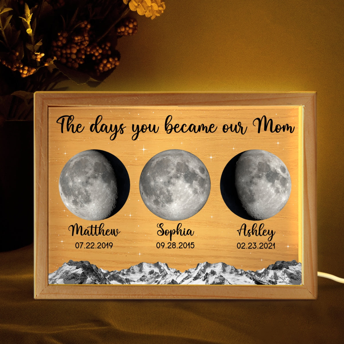 The Day You Became Mom Grandma Custom Birth Moon Phase Personalized Wooden Frame Light Box, Gift