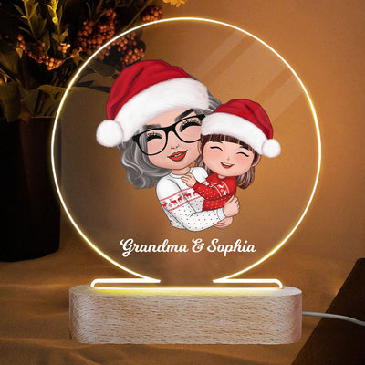 Doll Grandma Mom Hugging Kid Christmas Gift For Granddaughter Grandson Personalized Circle LED Night Light Acrylic LED Lamp