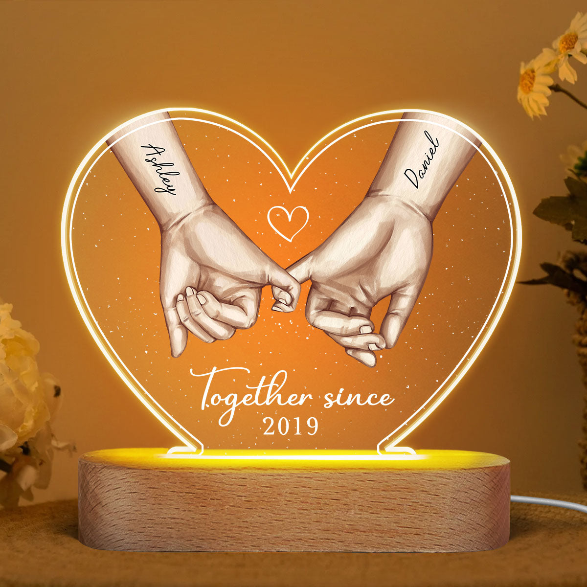 Personalized Couple Hands Pinky Promise Acrylic Heart LED Night Light,  gift, Anniversary Gift for Couples