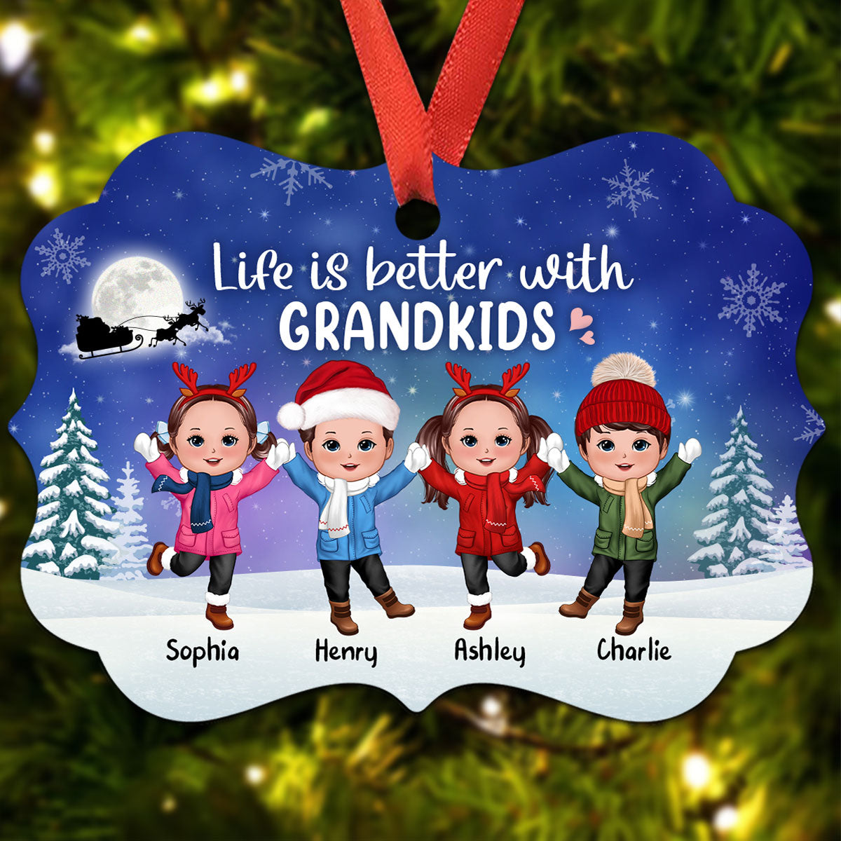 Life Better With Grandkids Happy Doll Kids In Snow Night Personalized Christmas Ornament