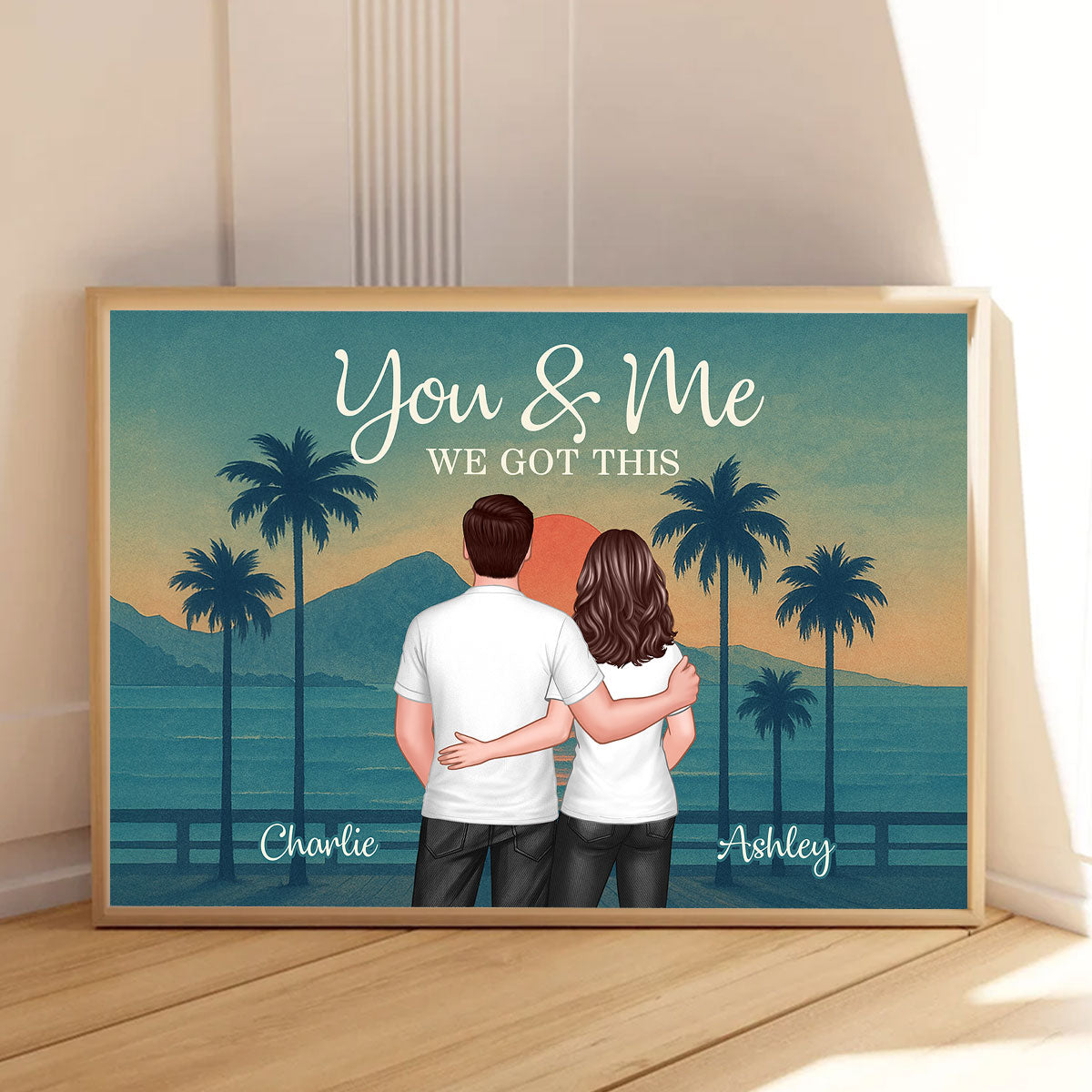 Retro Back View Couple Standing Hugging Personalized Poster, Anniversary gift for him, for her
