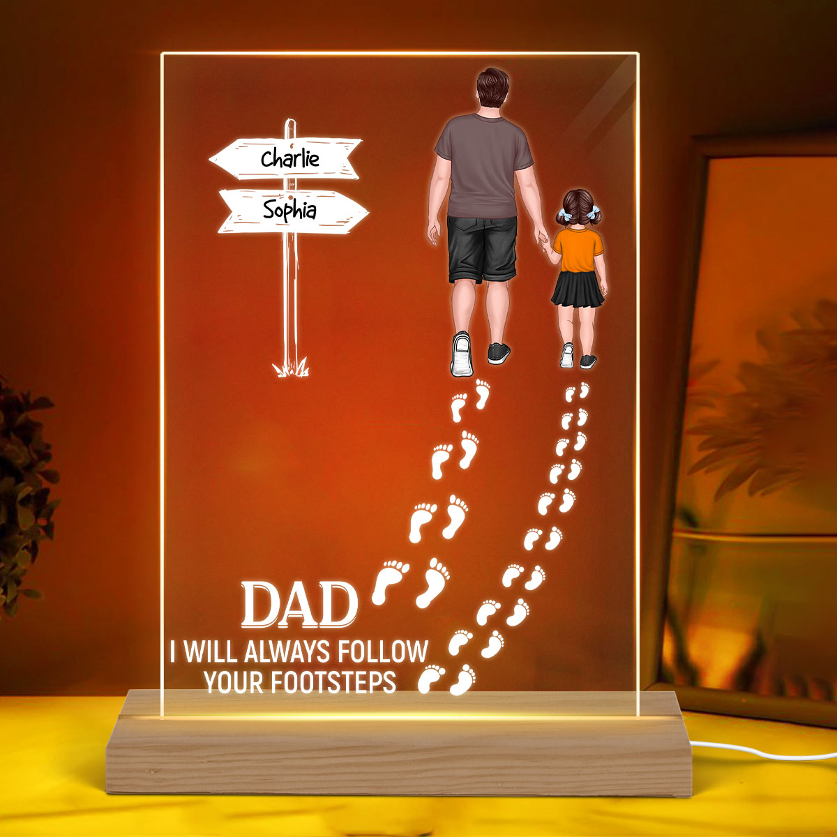 Dad We Will Always Follow Your Footsteps Personalized Rectangle Acrylic LED Night Light