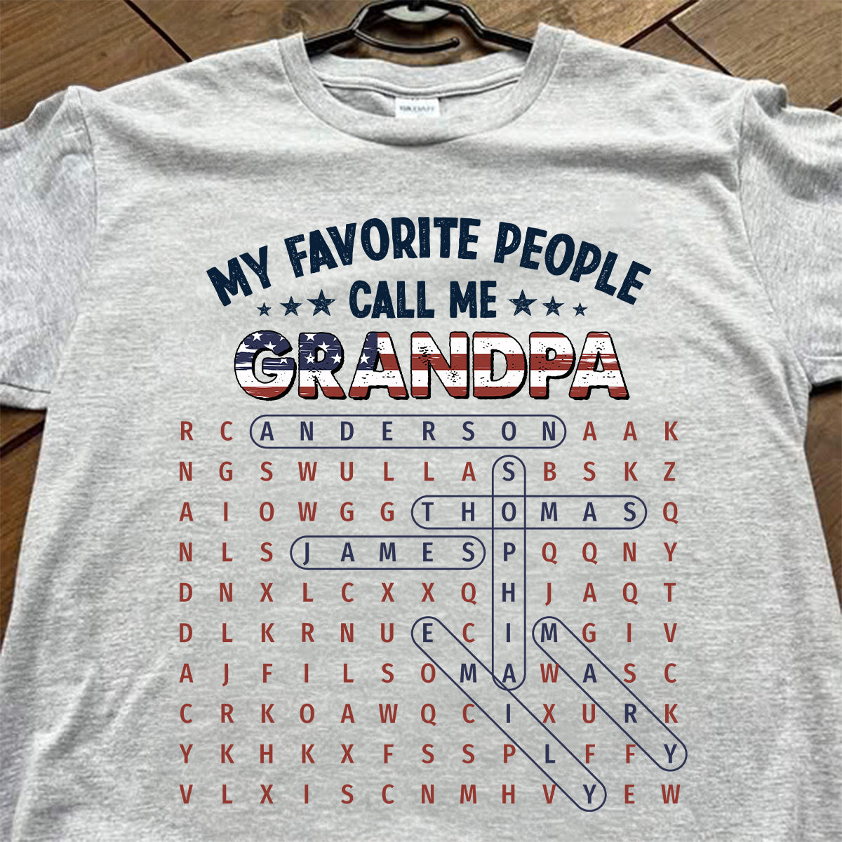 Grandpa's Favorite People Word Search Puzzle American Flag Theme - Personalized Shirt - Father's Day Gift For Grandpa, Dad