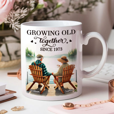 Back View Old Couple Sitting Together On The Lake Dock Personalized Mug, Heartfelt  Gift For Him, For Her, Husband, Wife