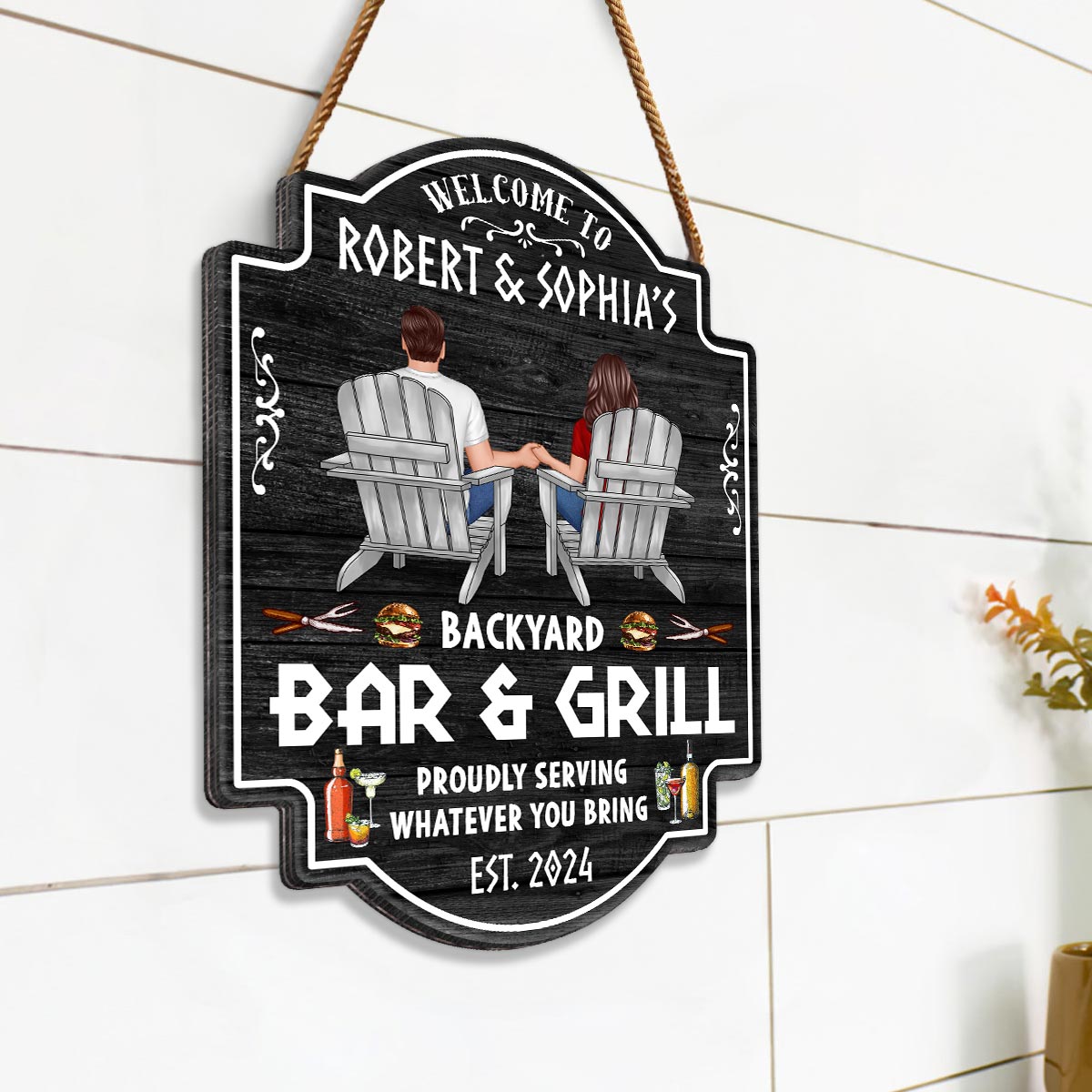 Backyard Bar & Grill Couple Sitting Personalized Wood Sign