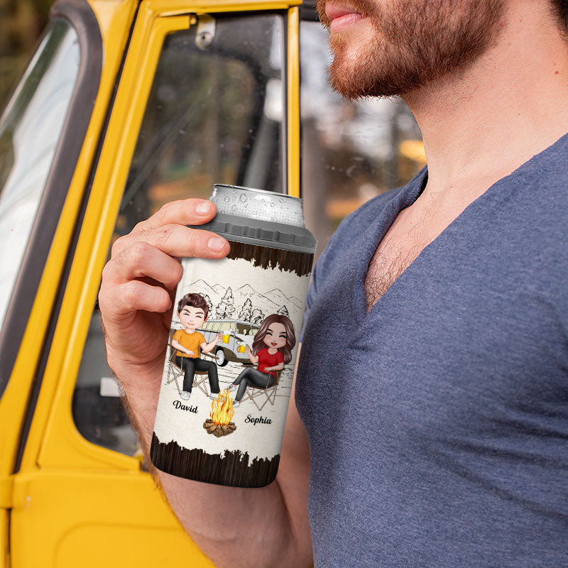 Camping Couple Sketch Background Personalized 4 In 1 Can Cooler