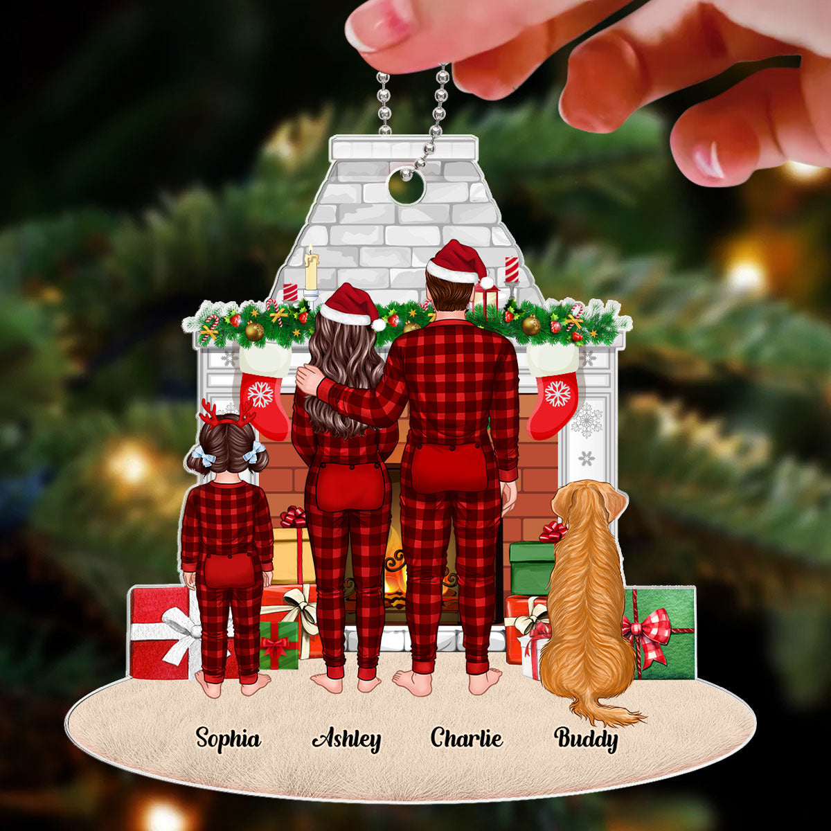 Pajamas Family Standing Fireplace Christmas Personalized Acrylic Ornament