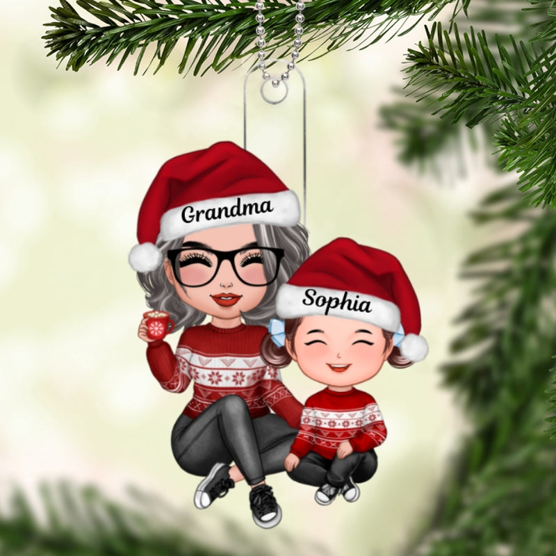 Christmas Grandma Grandson Granddaughter Happy Face Sitting Personalized Acrylic Ornament