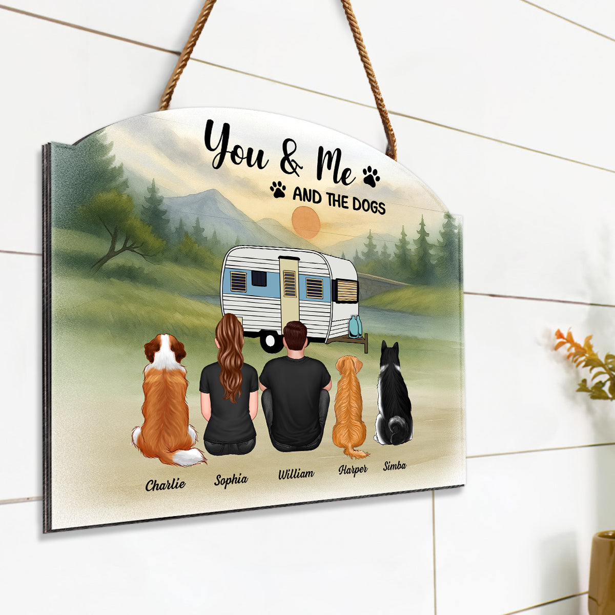 Couple And Dogs Camping Retro Mountain Personalized Wood Sign, Gift for Camping & Dog Lovers