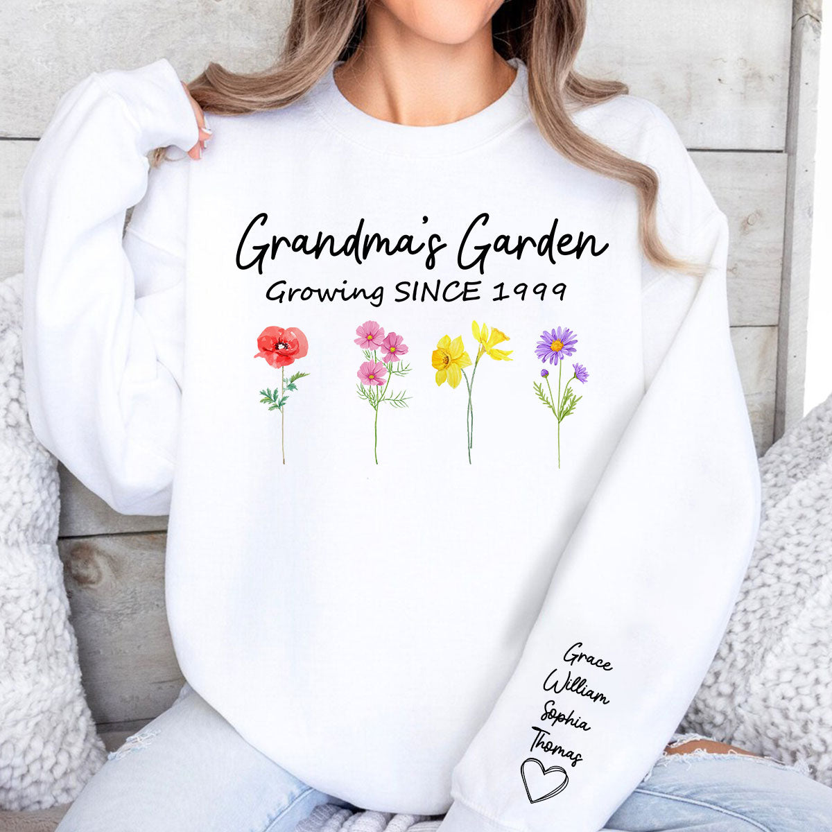 Grandma Garden Growing Since Custom Birth Month Flower Shirt for Grandmother, Gift, Personalized Sleeve Printed Sweatshirt