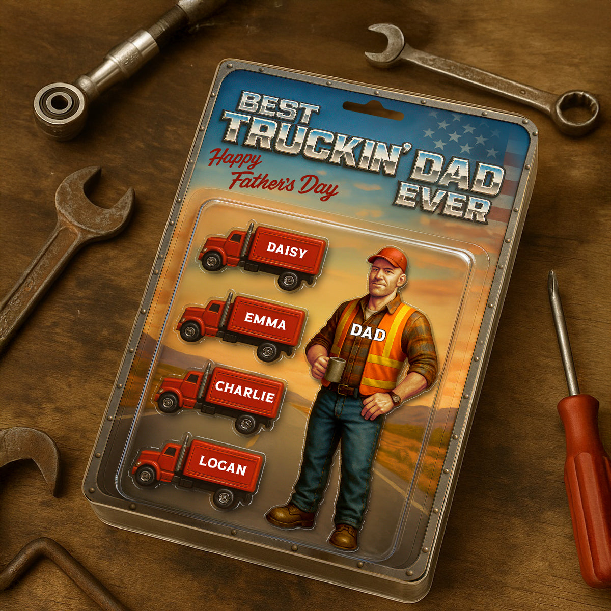 Best Truckin' Dad Ever Nation Flag Custom Action Figure Personalized Acrylic Block Plaque, Father's Day Gift for Trucker Dad