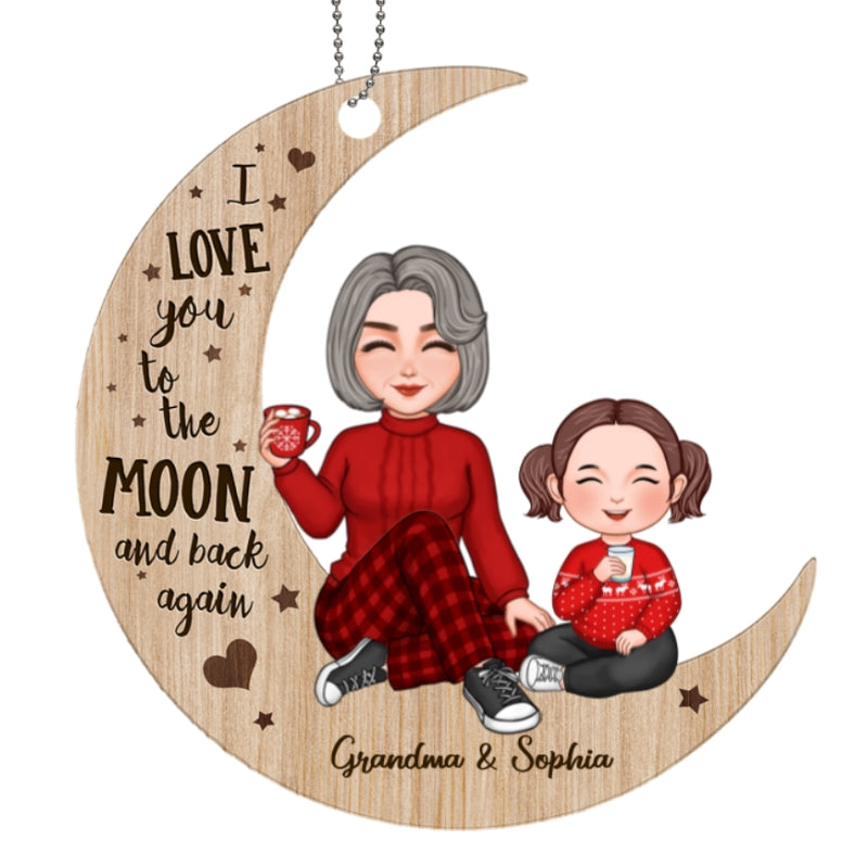 Cute Grandma & Grandkid Sitting On Moon Personalized Wooden Ornament