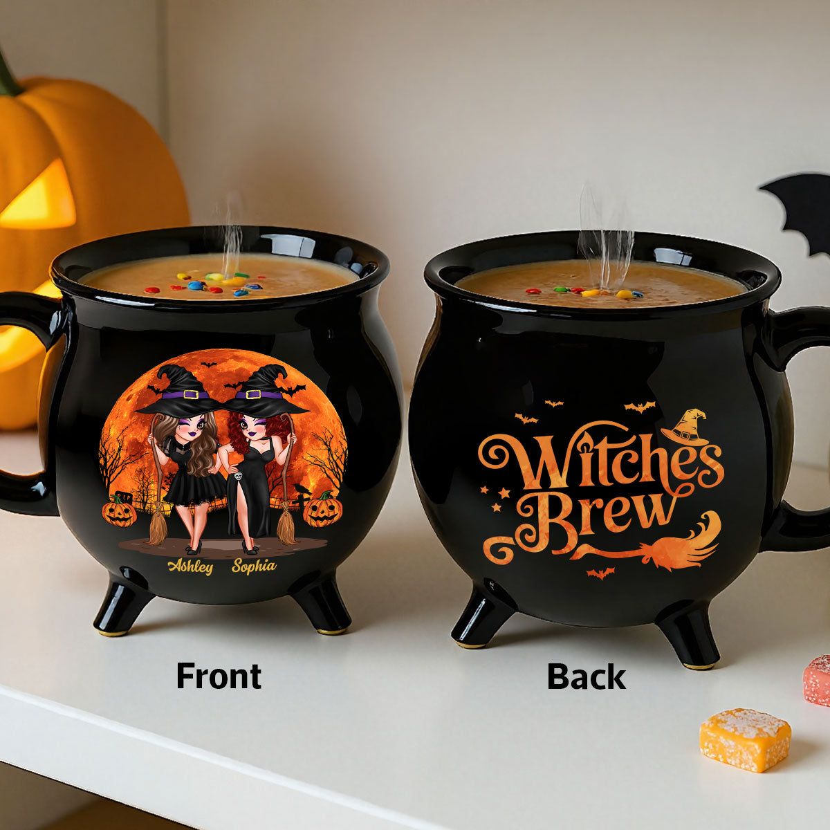 Halloween Pretty Witch Besties Witches Brew Personalized Ceramic Cauldron Mug