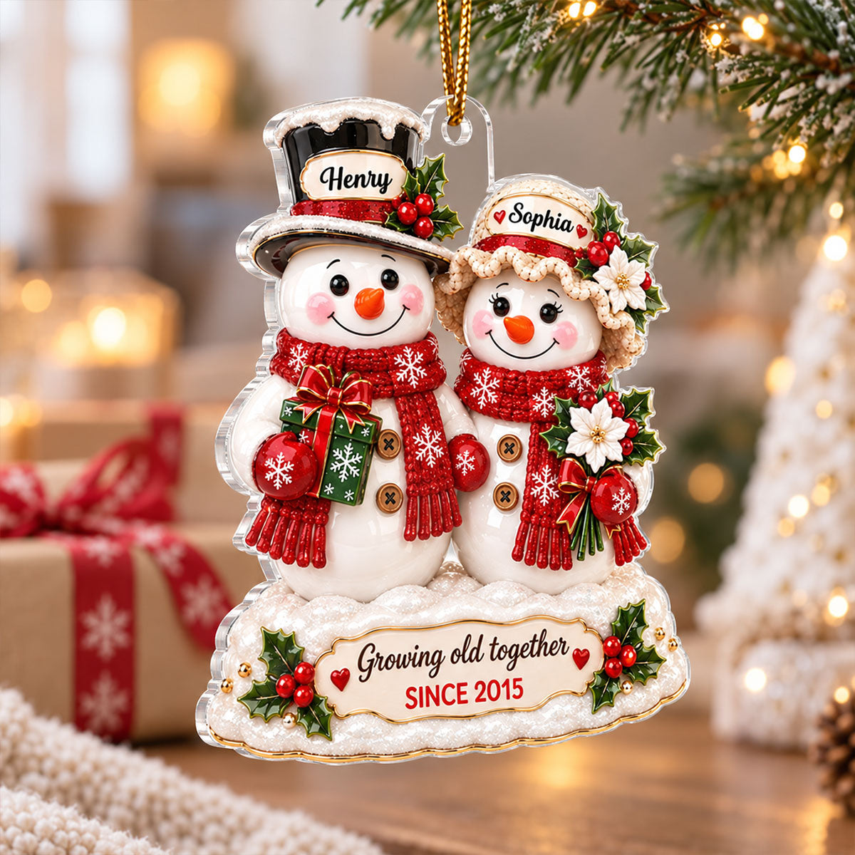 Snowman Couple Growing Old Together - Personalized Acrylic Ornament - Christmas Keepsake Gift for Her, Gift for Him