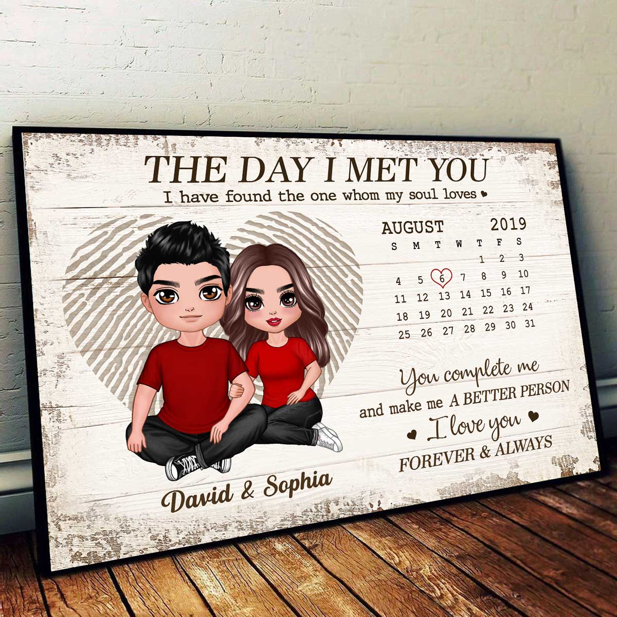 Fingerprint Embracing Doll Couple Sitting The Day I Met You Calendar Anniversary Date Gift For Him For Her Personalized Horizontal Poster