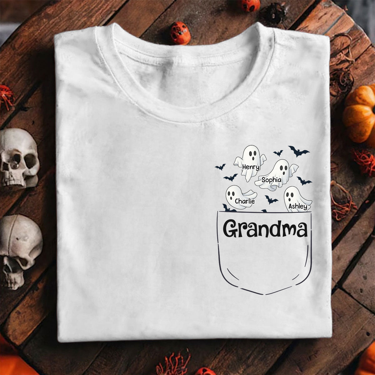 Grandma Cute Ghost and Bat Halloween In Pocket Effect Personalized Shirt