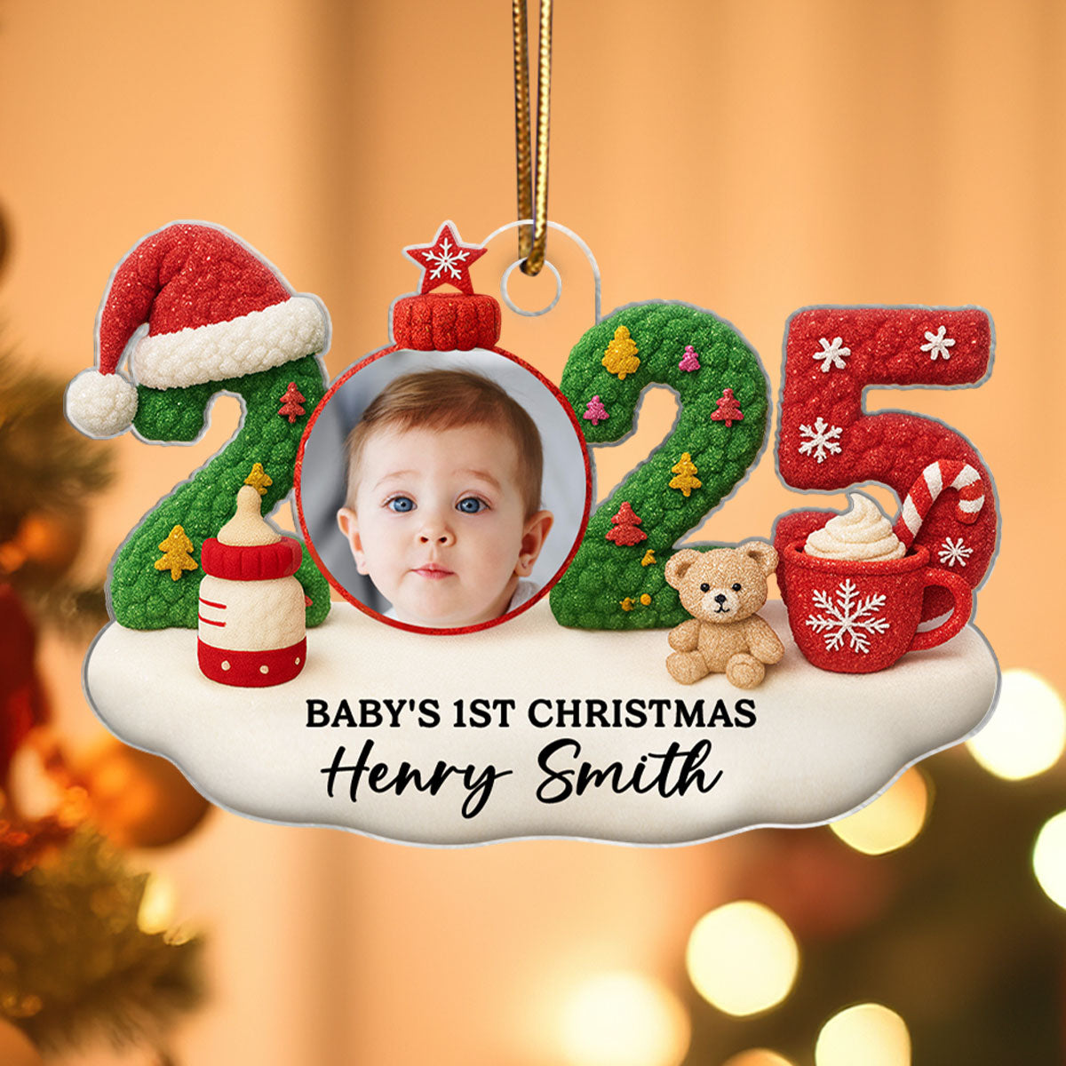 Baby Photo 2025 First Christmas Latch Hook Yarn Faux - Personalized Acrylic Ornament - Christmas Gift for New Parent, Newborn Keepsake