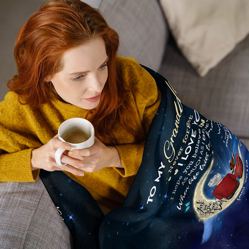Grandma Grandkids On Moon Christmas Gift To My Granddaughter Grandson Grandchildren Personalized Fleece Blanket