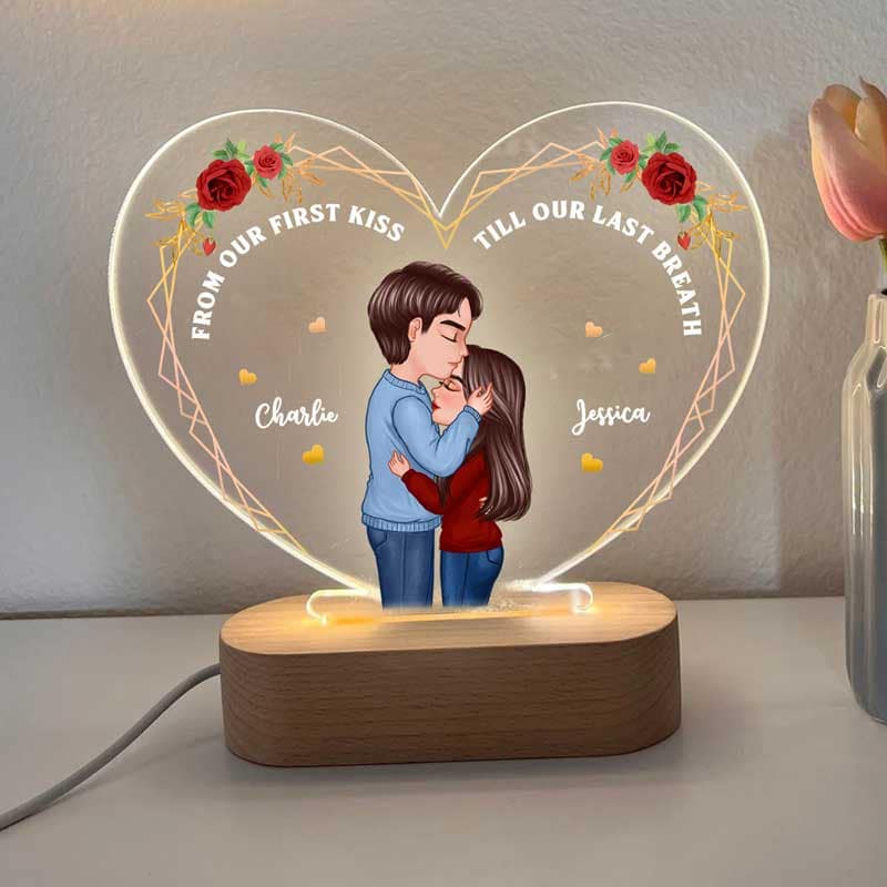Couple From Our First Kiss Valentine‘s Day Gift For Him Gift For Her - Personalized Heart Plaque LED Night Light - Acrylic LED Lamp